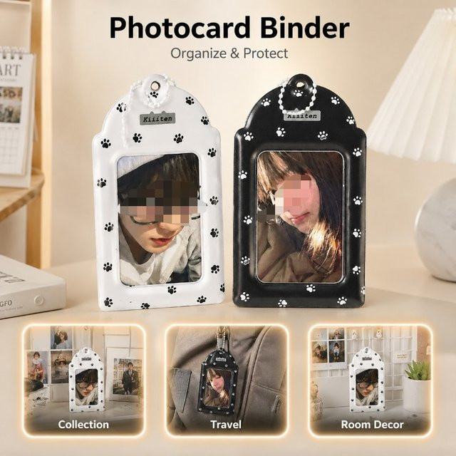 Ins-Style Kartenhalter mit Katzenpfoten-Druck in Schwarz aus PVC, Tragbarer ID-Display-Organizer und Polaroid-Schutzhülle - Bild 1