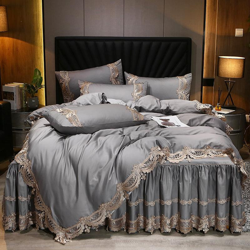 Your Warm Home Dreiteiliges Tagesdecken-Set aus Baumwolle und Satin mit Spitze im 60er-Jahre Stil, Grau, B/T: 150 x 200 cm - Bild 1