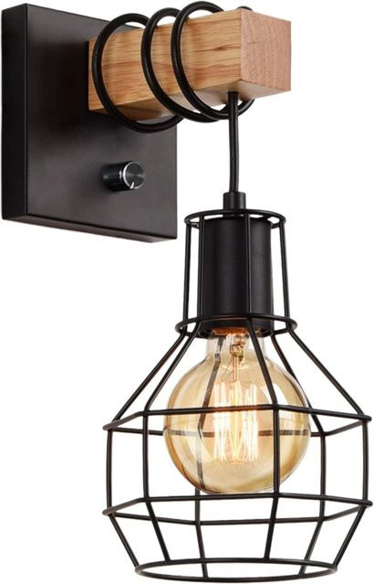 JOYINLED Wandleuchte Moderne Retro Nachttischlampe im Käfig-Design Schwarz mit Holzsockel WL0334 - Bild 1