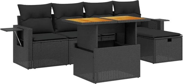 vidaXL 6-teilige Garten-Sofagarnitur aus Poly-Rattan und Akazienholz in Schwarz mit Kissen - Bild 1