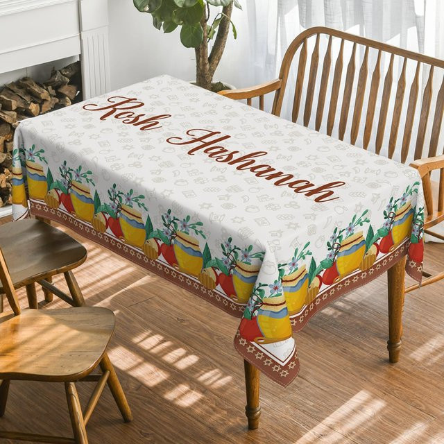 JMG Household Supplies Tischdecke für Rosh Hashana mit Honigtopf-Motiv, Polyester, Weiß, B: 90 cm, T: 140 cm - Bild 1