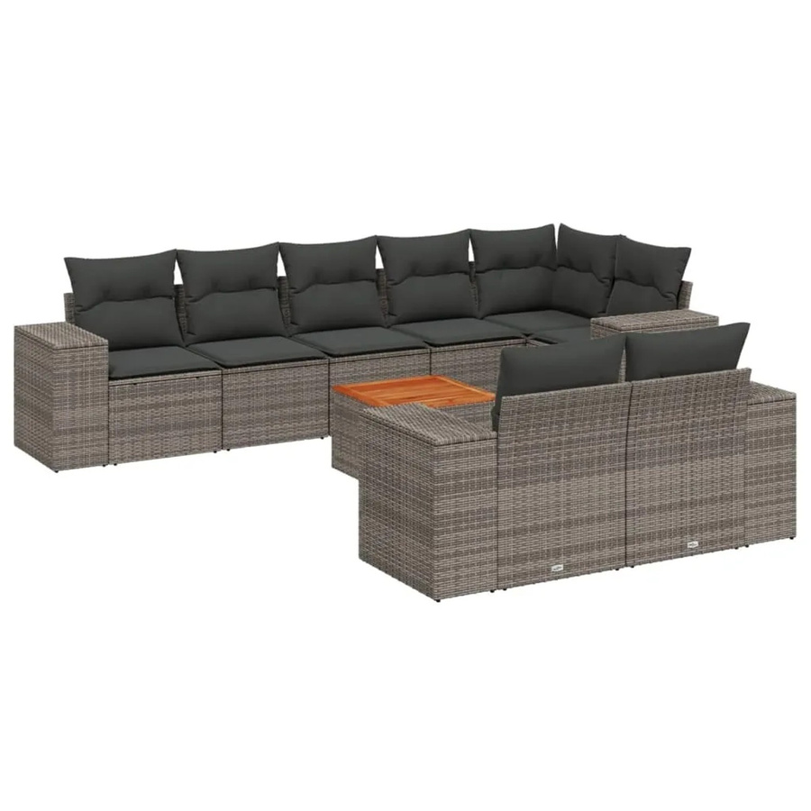 vidaXL 9-tlg Garten-Sofagarnitur aus Poly-Rattan und Akazienholz in Grau mit Kissen Modell 68 - Bild 2