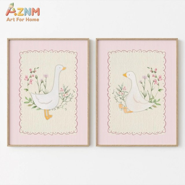 AZNM Wandkunst für das Kinderzimmer: Aquarell Leinwanddruck mit weißer Gans, Blumenmuster und rosa Streifen in Shabby Chic Design - Bild 1