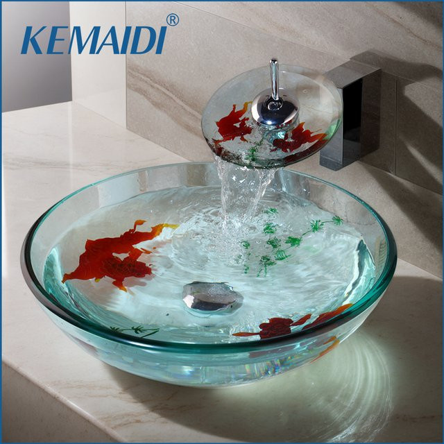 KEMAIDI Badezimmer-Waschtischarmatur Set mit transparentem Glasbecken und Goldfischmuster, B/T/H: 41,5 x 28,5 x 0 cm - Bild 1