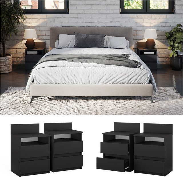 Vicco Nachttisch Monty 2er Set Schwarz mit 2 Schubfächern für dein Schlafzimmer B/T/H: 39,6 x 59,1 cm - Bild 1