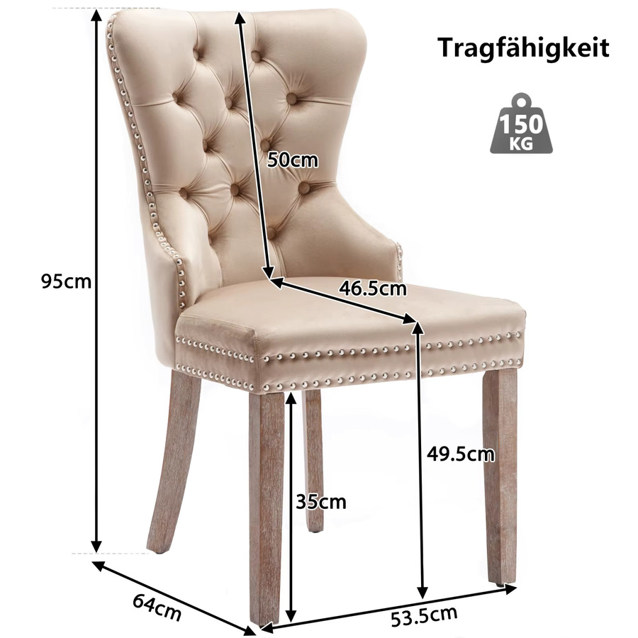Rosahqnda Esszimmerstuhl Set mit 2 Stück, beige getuftete Küchenstühle aus Samt mit Holzbeinen - Bild 2