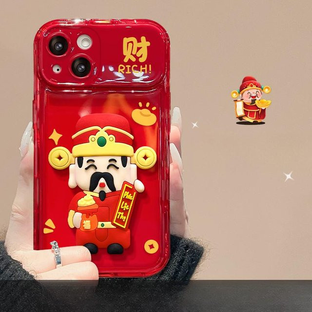 Handyhülle mit Glückskatze Puppe und Lanyard sowie Klappspiegel für Apple iPhone 15, 14 Pro Max, 13, 12, 11 und 6 Plus in Rot - Bild 1
