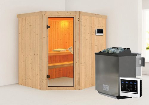Karibu Sauna Maardu Bio-Kombi-Sauna für 3 Personen mit 9 kW Bio-Kombi-Saunaofen und externer Steuerung, beige, B/T/H: 170 x 198 x 196 cm - Bild 1