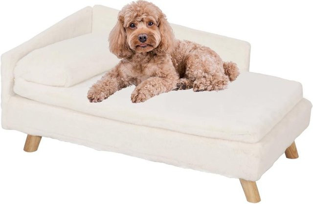 Pet Products My Erhöhtes Haustierbett in L-Form mit Massivholzbeinen und weichem Plüschkissen für Hund und Katze, Farbe: Beige - Bild 1
