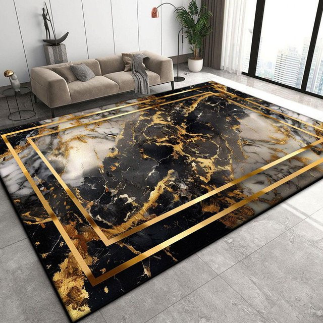 Wucifang Jewelry Luxus Plüschteppich in Marmor-Optik, rutschfest und waschbar, Farbe: Schwarz, B/T: 60 x 90 cm - Bild 1