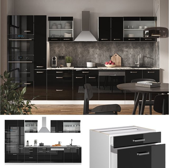 Vicco Küchenzeile R-Line Solid modern in Weiß und Schwarz mit Marmor-Arbeitsplatte, Breite: 350 cm - Bild 1