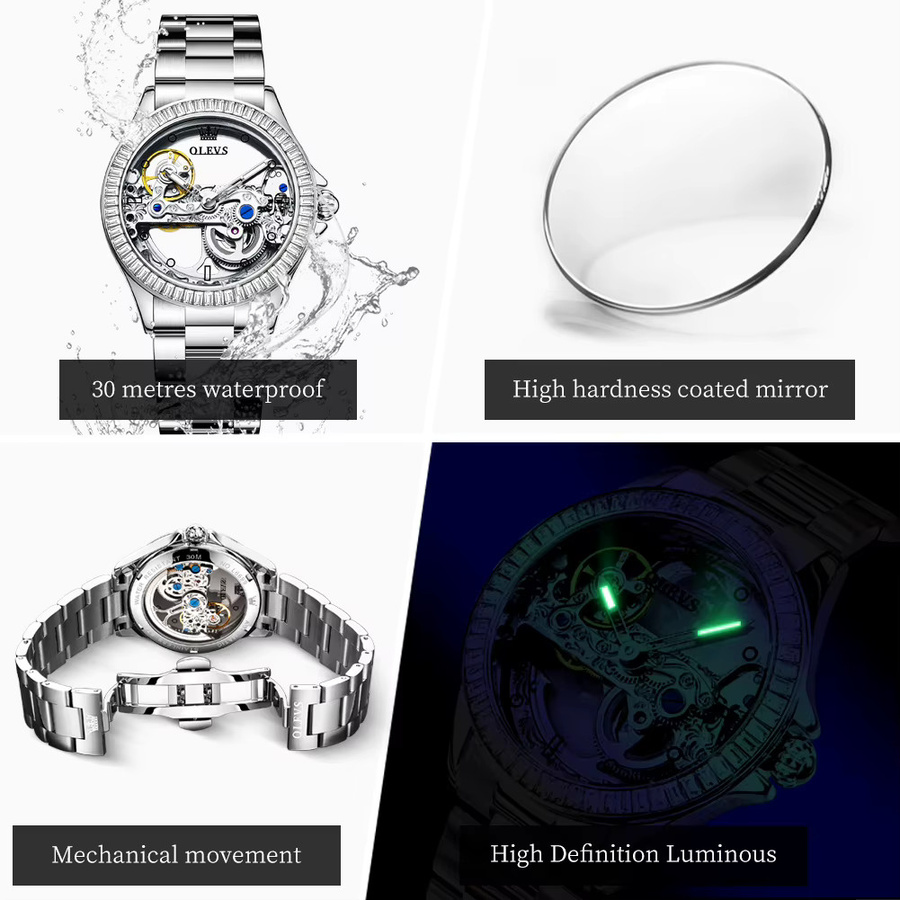 OLEVS Armbanduhr Automatik, Edelstahl, Silber, Diamant, Damen - Bild 4