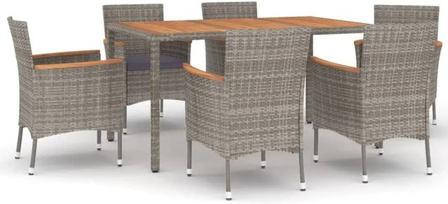 vidaXL 7-tlg Garten-Essgruppe aus Poly Rattan und Akazienholz in Grau mit Kissen - Bild 1