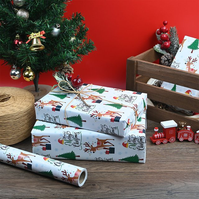 Weißes Weihnachts-Kraftpapier mit Rentier- und Baum-Design, 1 Rolle, 5,2 m x 0,5 m - Bild 1