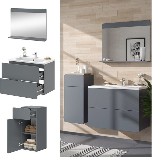 Vicco Badmöbel-Set Izan in Grau modern bestehend aus Waschtischunterschrank, Waschbecken, Badspiegel und Midischrank - Bild 1