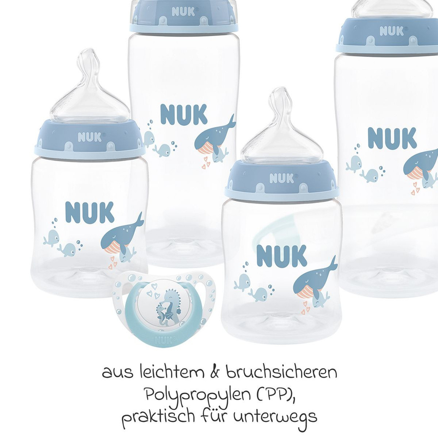NUK 8-tlg. Perfect-Start-Set PP First Choice Plus Temperature Control mit Messskala, Farben: Blau, Weiß und Transparent, für 0-6 Monate, Volumen: 150 ml und 300 ml - Bild 1