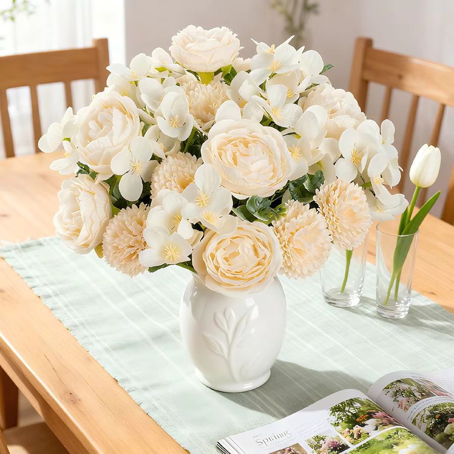 TTCY Künstliche Seiden-Pfingstrosen und Chrysanthemen in Weiß und Lila für Garten, Hochzeit und Dekoration - Bild 1