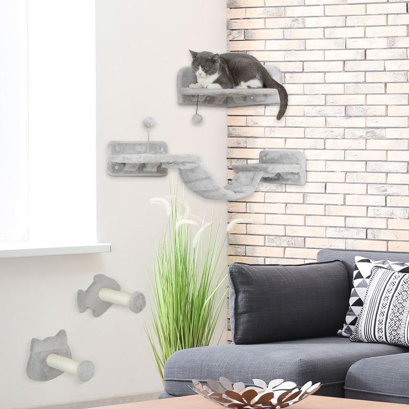 PawHut Katzen Kletterwand Set 4-teilig in Hellgrau mit Kratzbäumen, Stufen, Leiter und Spielball aus Sisal und Plüsch, B/H/L: 26 x 90 x 12,5 cm - Bild 2