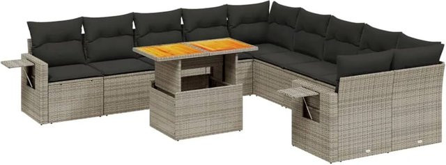 vidaXL 11-tlg. Garten-Sofagarnitur in L-Form aus Polyrattan und Akazienholz mit Kissen in Grau - Bild 1