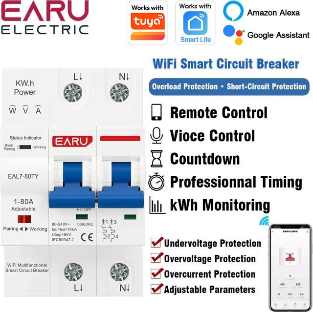 EARU 80A Tuya App WiFi Smart MCB Schutzschalter mit Strom-Spannungs-kWh-Energiemesser und Überlast-Kurzschlussschutz in Weiß - Bild 1