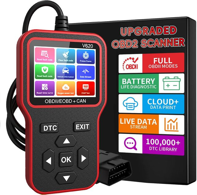RUOGINSS OBD2-Scanner Diagnosetool in Rot mit Check Engine Light Code Reader, Reset-Funktion, Batterietester und Live-Daten-Anzeige - Bild 1