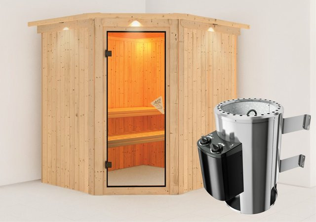 Karibu Sauna Livia mit 3,6 kW Ofen, integrierter Steuerung und LED-Dachkranz, Ganzglastür in Bronze, B/T/H: 196 x 170 x 202 cm - Bild 1