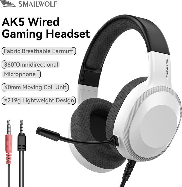 SMAILWOLF AK5 Gaming-Headset mit Mikrofon, kabelgebundenes E-Sport-Headset für PC und Laptop, Weiß - Bild 1