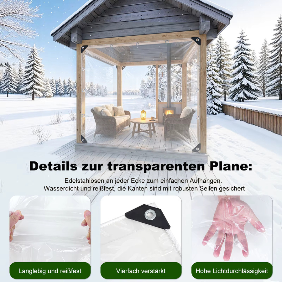 Transparente PVC-Plane als wasserdichte und reißfeste Abdeckung mit verstärkten Ösen für Gartenmöbel im Freien - Bild 3