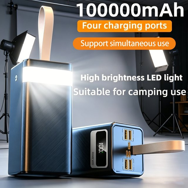 InTessry Powerbank 100000mAh mit 22,5W Schnellladefunktion, weiß, mit Digital-Display, LED-Licht und Lederband - Bild 1