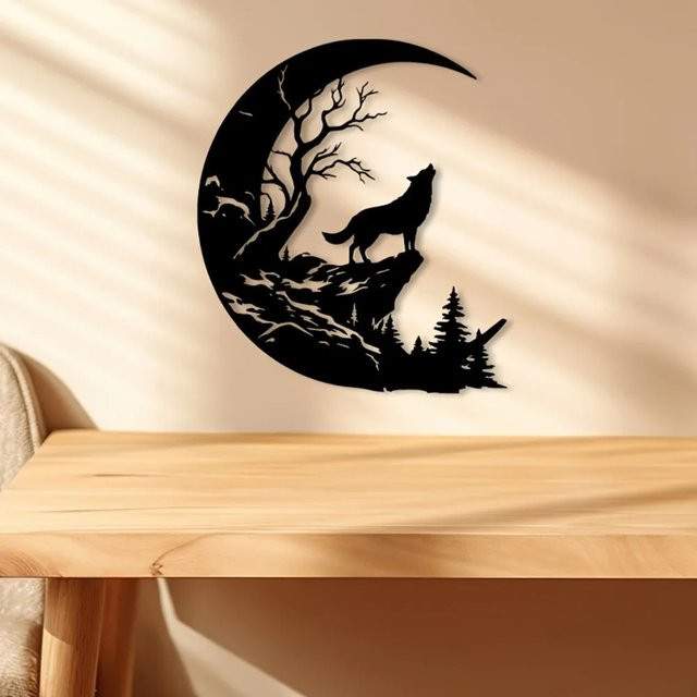 CIFBUY Heulender Wolf Metall-Wandkunst in Schwarz als wetterfeste Walddekoration - Bild 1