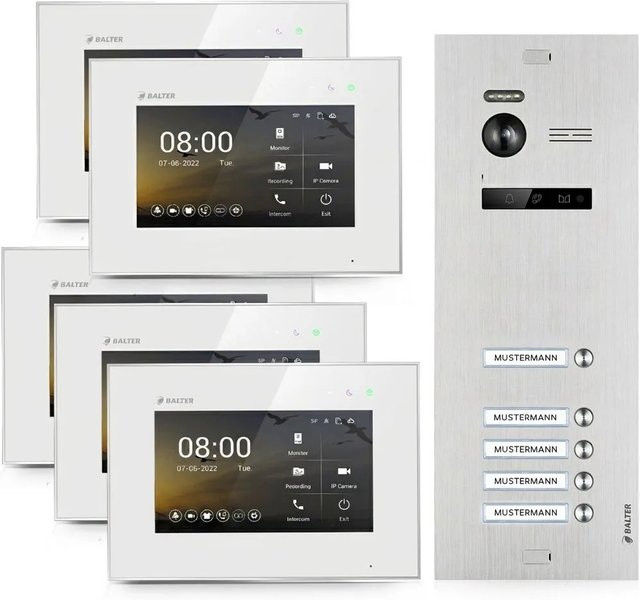 Balter EVO-HD Video-Türsprechanlage für 5 Familienhäuser mit 5x 7 Zoll Monitoren in Silber-Weiß - Bild 1