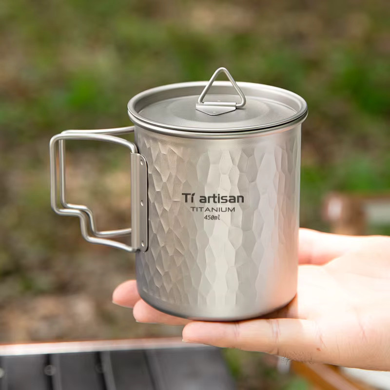 Tiartisan Kaffeetasse mit Deckel und gehämmerter Textur, faltbarer Wasserbecher für Outdoor-Camping, Silber, 450 ml - Bild 2