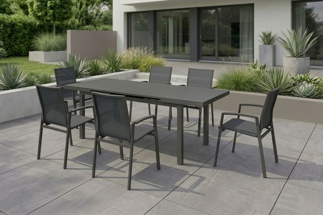 Stern New Top Garten-Essgruppe in Anthrazit mit ausziehbarem Tisch und 6 Stapelsesseln aus Aluminium, Glas und Textilene, Tisch B: 180-240 cm, T: 100 cm - Bild 1