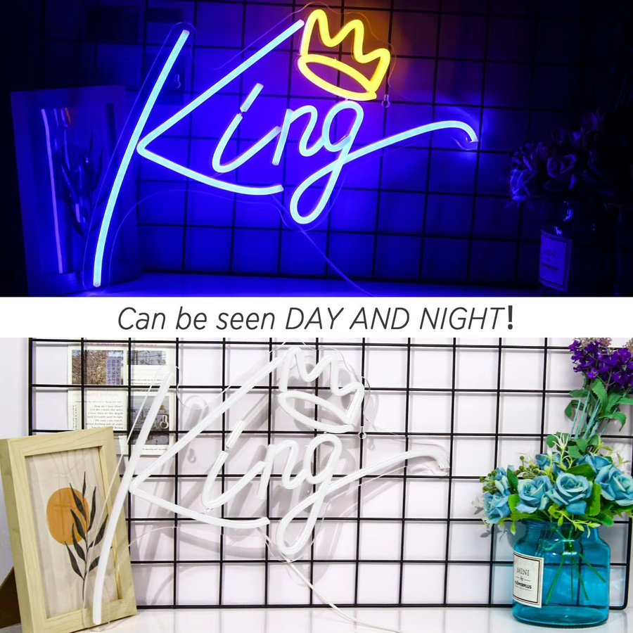König Leucht Neon-Wanddekoration mit blauen Buchstaben und rosa Krone für Schlafzimmer und Party-Deko - Bild 3