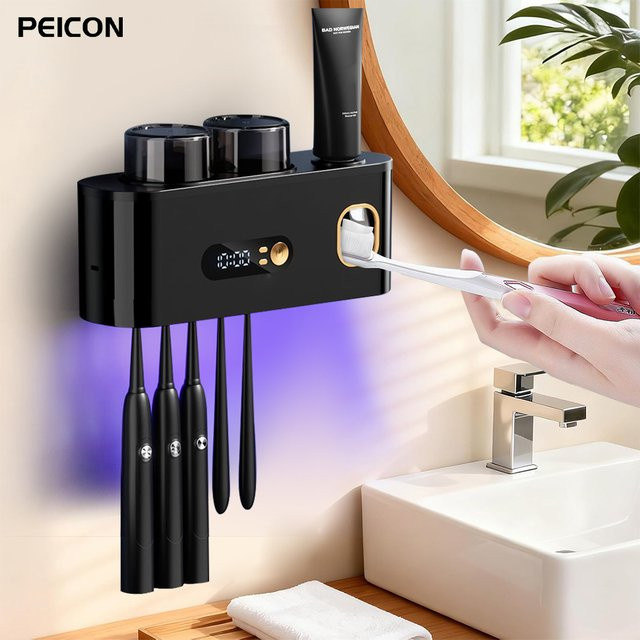 PEICON UV-Zahnbürsten-Sterilisator und elektrischer Zahnbürsten-Desinfektor mit automatischem Zahnpasta-Quetscher und Aufbewahrungshalter, Farbe: Weiß - Bild 1