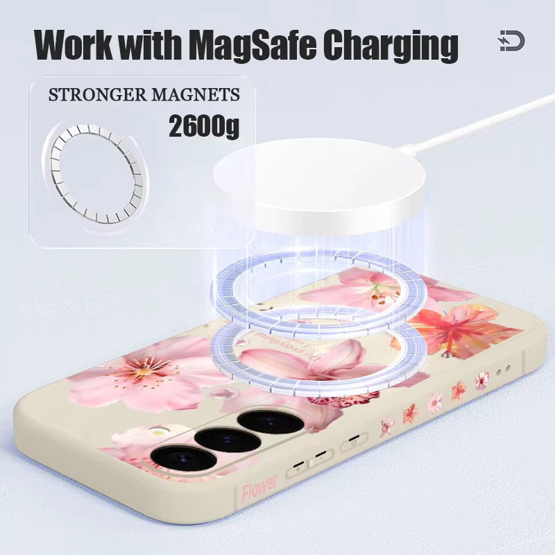 Magnetische Handyhülle mit rosa Blumenmuster für Samsung Galaxy S25 S24 S23 S22 Ultra Plus S21 FE, TPU Cover mit MagSafe Wireless Charging Kompatibilität - Bild 4