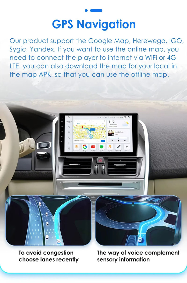 Hizpo Android Autoradio für Volvo XC60 (2008 - 2013) mit GPS Navigation, Bluetooth und Carplay in Schwarz - Bild 3