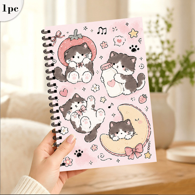 Notizbuch mit Erdbeer-Katzen-Motiv in Pink, Softcover mit linierten Seiten aus Papier und Karton-Einband - Bild 1