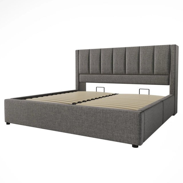 Merax Polsterbett mit Stauraum und USB-Ladeport in Grau, B/T/H: 140 x 200 x 44,6 cm (Unterbau) bzw. Gesamthöhe: 143 x 217 x 115 cm - Bild 1