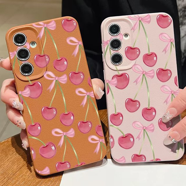 MOESOE Handyhülle mit Schleifen- und Kirschmuster für Samsung Galaxy S26 S25 S24 S23 Ultra S22 Plus FE Edge, Leder-Textur, weiche TPU-Schutzhülle, Pink/Multicolor - Bild 1