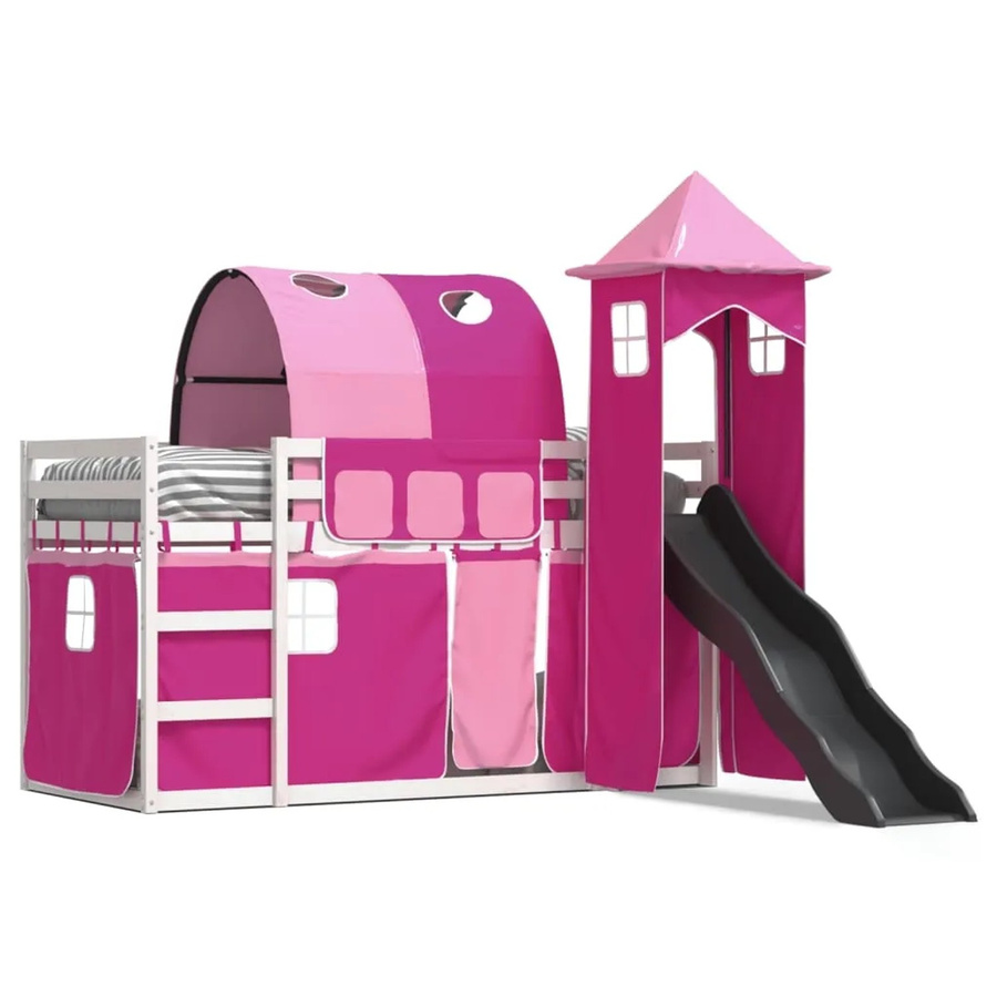 vidaXL Etagenbett für Kinder aus massivem Kiefernholz mit Rutsche und Gardinen in Rosa, B/T/H: 90 x 190 cm - Bild 2