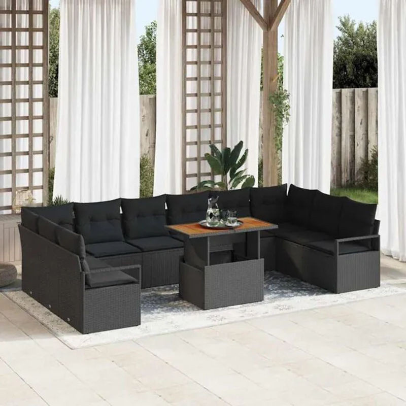 Vidaxl Garten-Sofa-Set aus Polyrattan und Akazie, 10-teiliges Loungemöbel in Schwarz und Braun, B/T/H: 100 x 55 x 73 cm - Bild 1