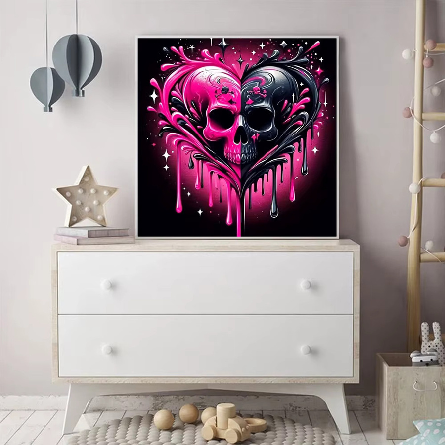 Momoart DIY Diamantmalerei Skelett-Horror-Set mit Herz-Muster in Pink für Erwachsene und Anfänger als Wandkunst - Bild 3