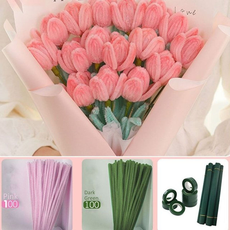 100 Stück Macaron Farbe Fuzzy Draht für DIY Tulpen Blumenstrauß und handgemachte Geschenke - Bild 1