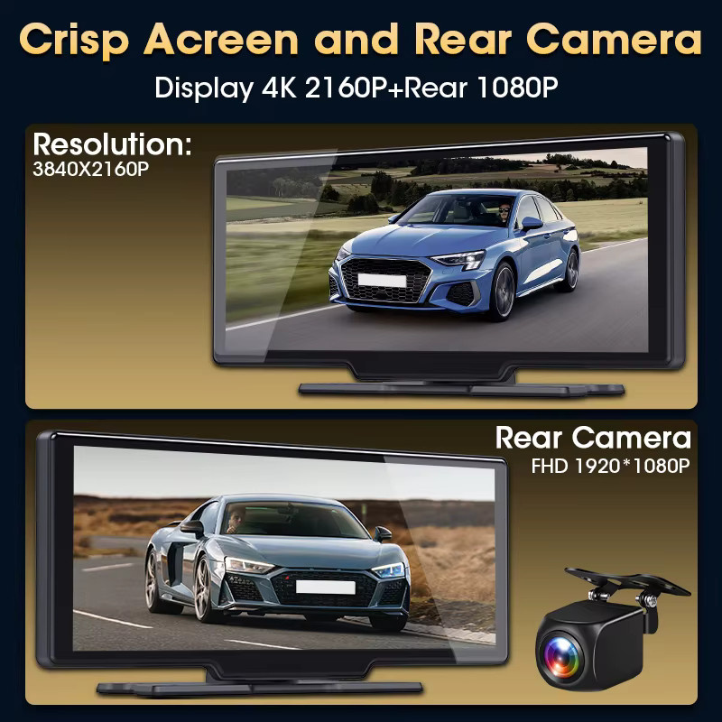 Srnubi Dash Cam Rückspiegel mit 10,26 Zoll Display, 4K DVR Navigation Player mit Wireless CarPlay & Android Auto, Dual Len Recorder, WIFI 5.0 & Bluetooth, Schwarz - Bild 4