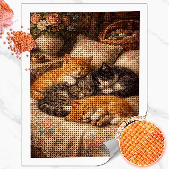 Huacan DIY Diamantmalerei Schlafende Katze mit Blumenmotiv, Multicolour, B/H: 30,0 x 20,0 cm - Bild 1