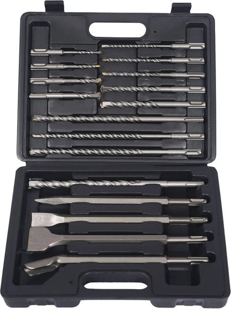 Wiltec SDS Bohrersatz Set aus Stahl mit Bohrer, Meißel und Hammerbohrer in Silber, 17-teilig im Koffer - Bild 1