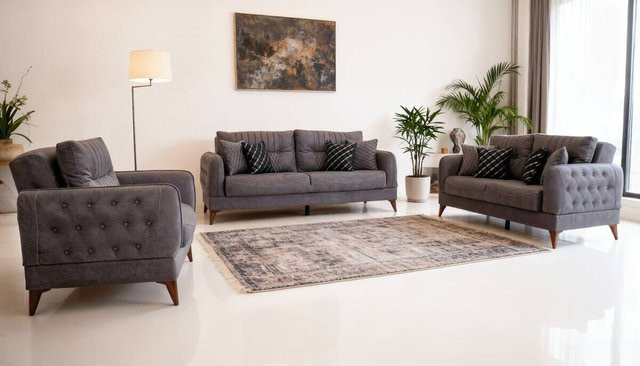 Sofa-Set Mislina 3-2-1 in Blaugrau aus Microfaser mit Schlaffunktion und Auszugsschublade - Bild 1