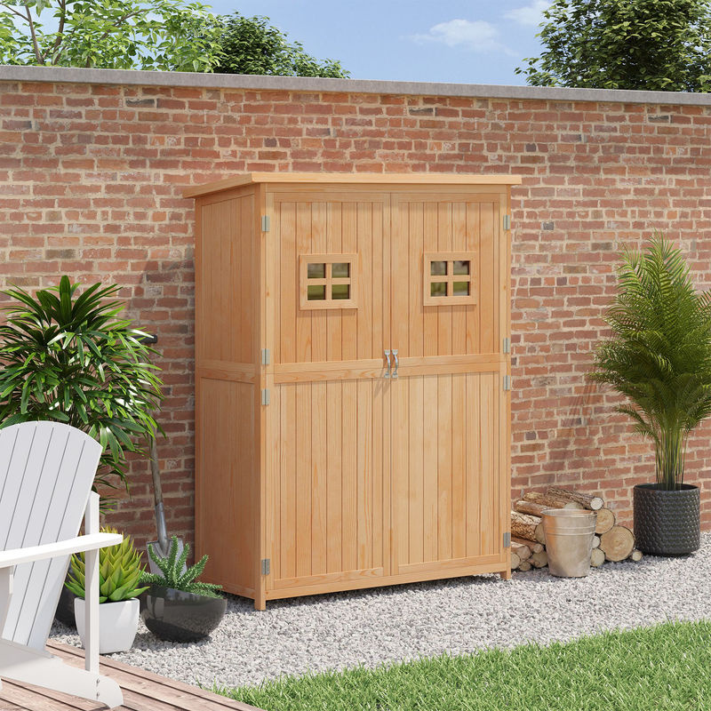 Outsunny Gartenschrank aus Kiefernholz mit Pultdach und Doppeltür in Natur, B/T/H: 127,5 x 50 x 164 cm - Bild 2
