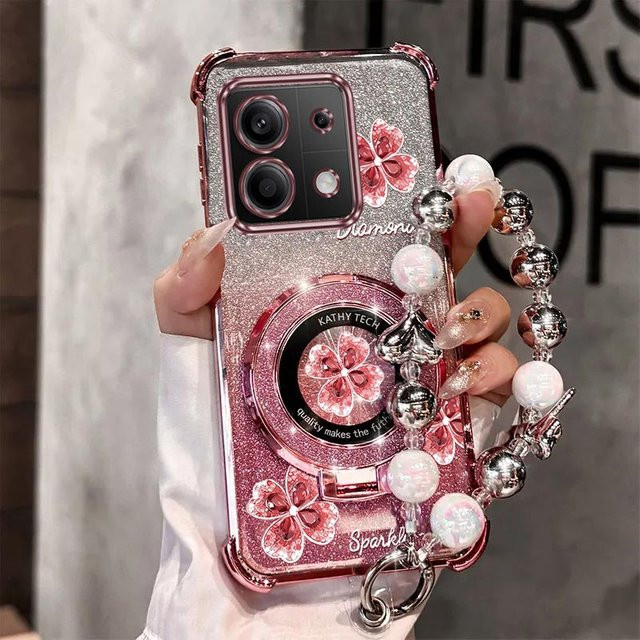 Glitzernde Perlen-Handyhülle mit Kleeblatt-Design und Trageriemen für Xiaomi Redmi Note 13 12 Pro Plus 12 13 12C 13C 4G 5G in Gold oder Pink - Bild 1
